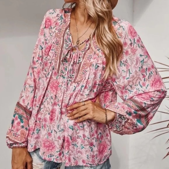 SOLD OUT Pink Floral Bohemian Peasant Blouse - Picture 3 of 5